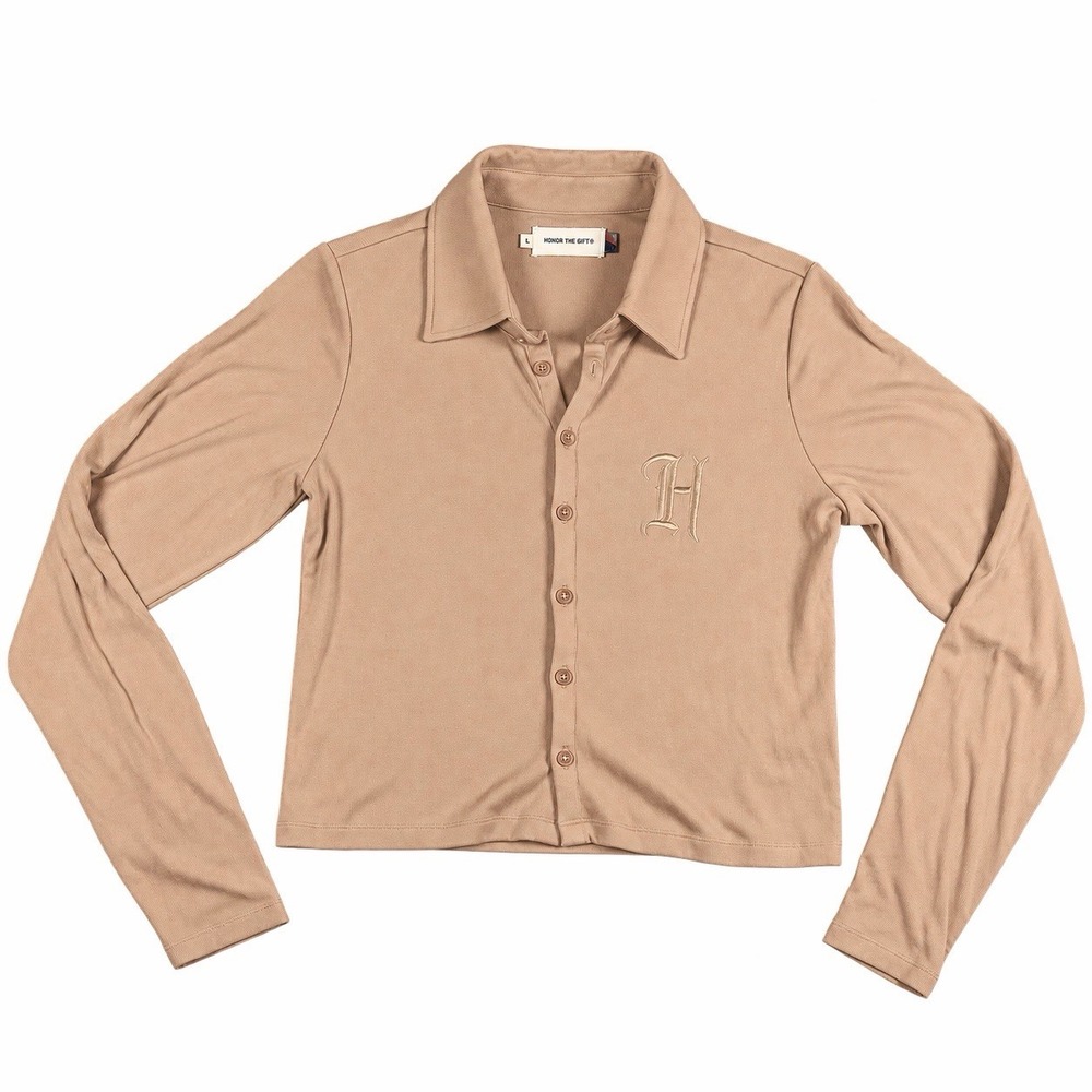 honor the gift womens collared button up top embroidered H large tan Shirt